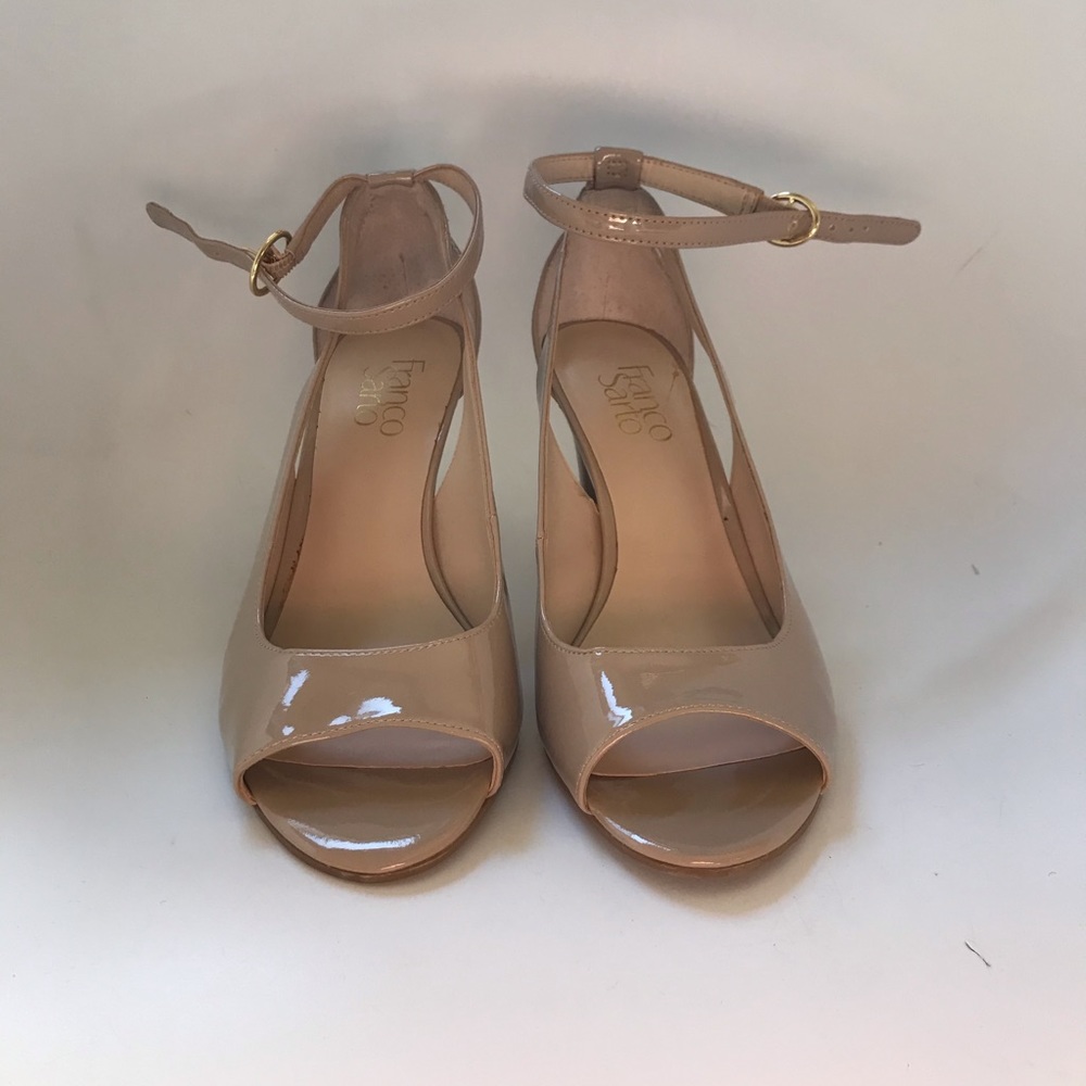 Franco Sarto beige patent leather peep-toe heels